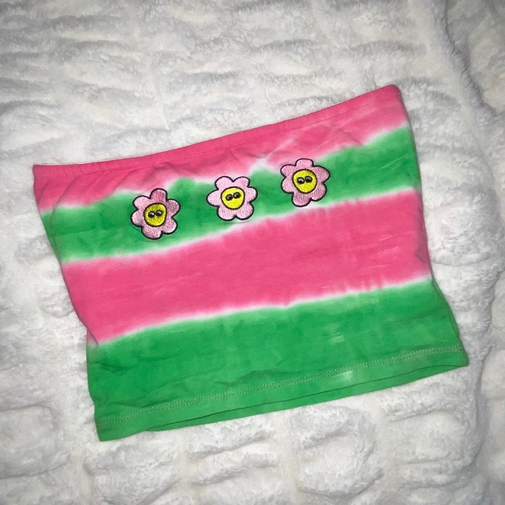 pink and green tie dyed / stripped tube top with embroidered flowers
